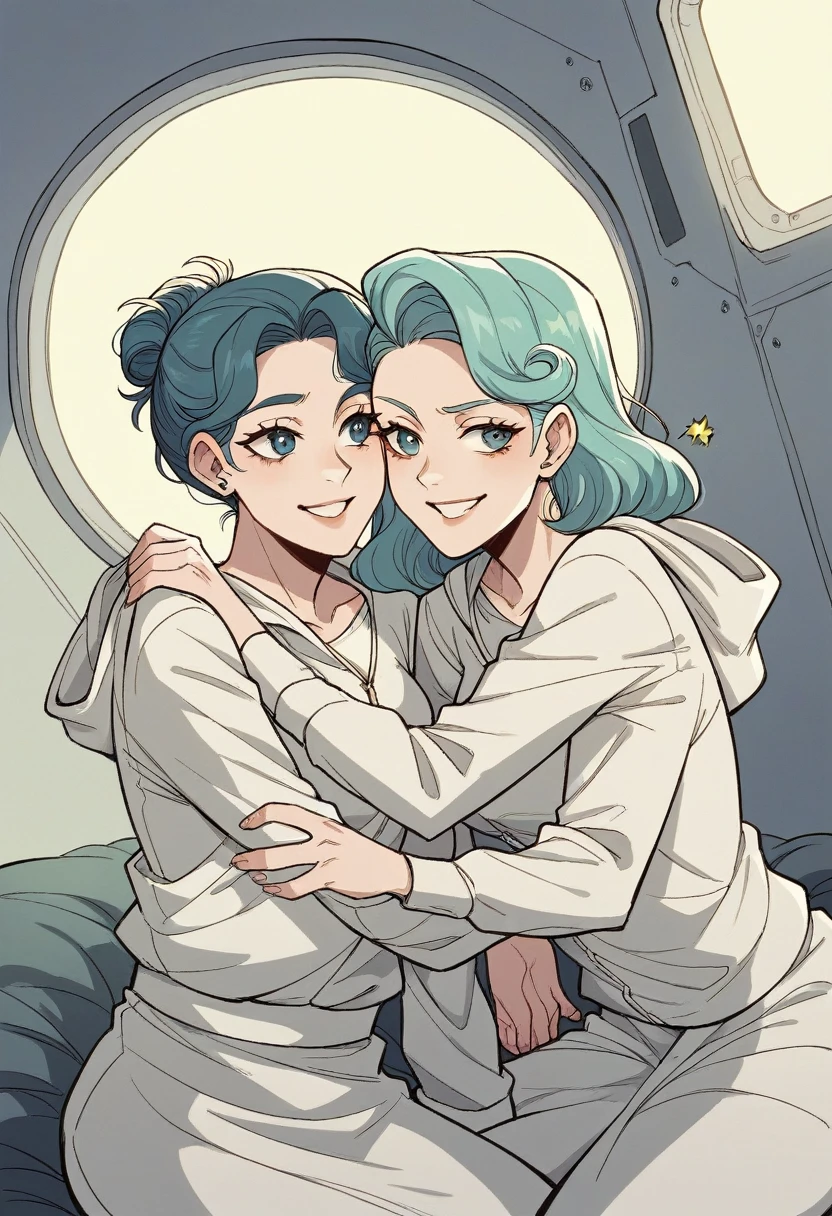 In the breathtaking vastness of space, aboard a sleek, futuristic spacecraft, two girls find themselves irresistibly drawn to one another. Dressed in sleek, form-fitting outfits that highlight their every movement, they float together in the weightlessness of zero gravity, their bodies moving in perfect harmony. One girl, with a playful smile, reaches out to brush a strand of hair from the other’s face, their connection deepening with every shared glance. The stars outside the window twinkle softly, casting a gentle glow that accentuates the elegance of their surroundings and the undeniable chemistry between them. As they embrace, their love becomes the center of the universe, an unbreakable bond that shines as brightly as the stars themselves.