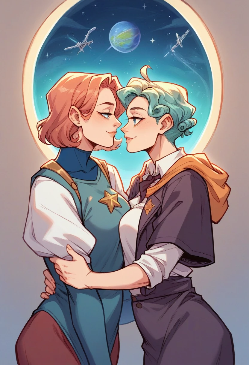 In the breathtaking vastness of space, aboard a sleek, futuristic spacecraft, two girls find themselves irresistibly drawn to one another. Dressed in sleek, form-fitting outfits that highlight their every movement, they float together in the weightlessness of zero gravity, their bodies moving in perfect harmony. One girl, with a playful smile, reaches out to brush a strand of hair from the other’s face, their connection deepening with every shared glance. The stars outside the window twinkle softly, casting a gentle glow that accentuates the elegance of their surroundings and the undeniable chemistry between them. As they embrace, their love becomes the center of the universe, an unbreakable bond that shines as brightly as the stars themselves.
