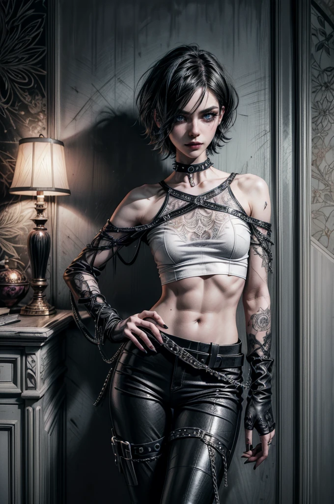 (Detailed illustrations, Very detailed and detailed drawing, Delicate lines with slow and rapid, Realistic texture expression), One woman with very short white hair with black tips, ( emo hairstyle, ), goth, pale white skin, evil smirk, (girls bedroom background), dark lighting, cold atmosphere, lore_Emma , blue eyes , dark eyeliner, (ultra dark glossy black lipstick), bored expression, gorgeous face , super cute, 18 years old , hyper detailed face, (super skinny figure , small breast, thin waist), back leaning against wall, one raised arm behind head, slim legs, slim hips, LowriseXL, (ultra low rise wet look shiny leather pants with transparent flower pattern), (mesh shirt with flower pattern under bare shoulder white t-shirt), black choker, vulva tattoo, (white lotus flower in hair), ((flower pattern tattoo)), fingerless leather gloves, (black nail polish), faded tattoo's, ((thigh belt)), ((hip chains)), ((belt hanging on hip)), ((many studded belts))