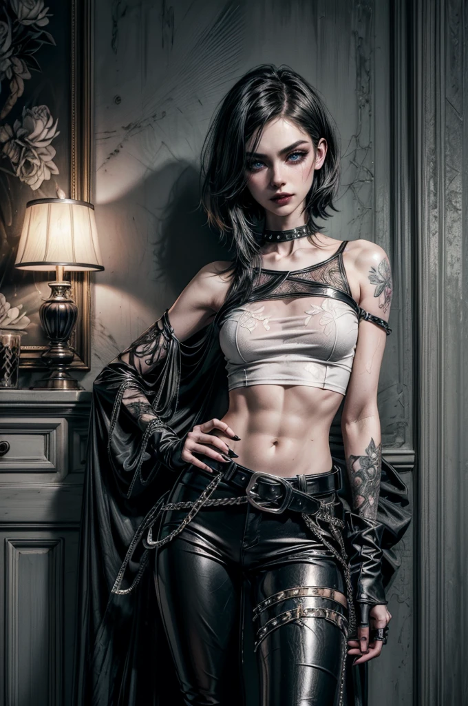 (Detailed illustrations, Very detailed and detailed drawing, Delicate lines with slow and rapid, Realistic texture expression), One woman with very short white hair with black tips, ( emo hairstyle, ), goth, pale white skin, evil smirk, (girls bedroom background), dark lighting, cold atmosphere, lore_Emma , blue eyes , dark eyeliner, (ultra dark glossy black lipstick), bored expression, gorgeous face , super cute, 18 years old , hyper detailed face, (super skinny figure , small breast, thin waist), back leaning against wall, one raised arm behind head, slim legs, slim hips, LowriseXL, (ultra low rise wet look shiny leather pants with transparent flower pattern), (mesh shirt with flower pattern under bare shoulder white t-shirt), black choker, vulva tattoo, (white lotus flower in hair), ((flower pattern tattoo)), fingerless leather gloves, (black nail polish), faded tattoo's, ((thigh belt)), ((hip chains)), ((belt hanging on hip)), ((many studded belts))
