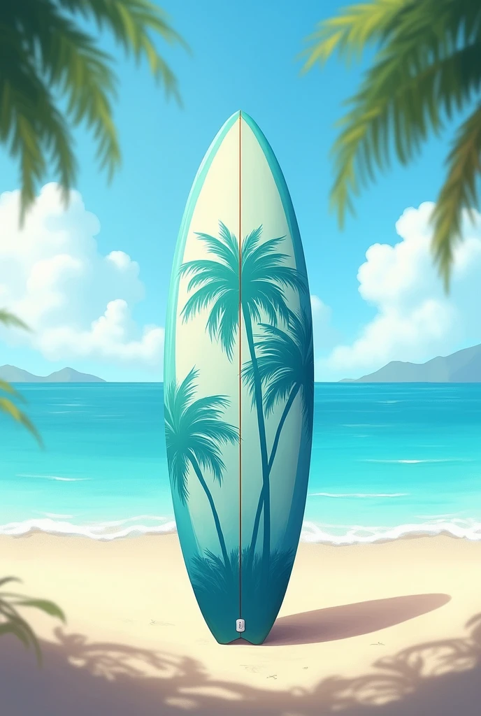 Surf board stand on the beach with blue pastel colors and some palm trees painted on the board. Painting style.