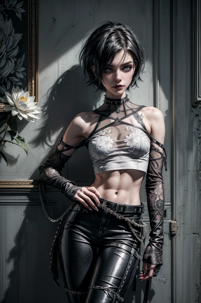(Detailed illustrations, Very detailed and detailed drawing, Delicate lines with slow and rapid, Realistic texture expression), One woman with very short white hair with black tips, ( emo hairstyle, ), goth, pale white skin, evil smirk, (girls bedroom background), dark lighting, cold atmosphere, lore_Emma , blue eyes , dark eyeliner, (ultra dark glossy black lipstick), bored expression, gorgeous face , super cute, 18 years old , hyper detailed face, (super skinny figure , small breast, thin waist), back leaning against wall, one raised arm behind head, slim legs, slim hips, LowriseXL, (ultra low rise wet look shiny leather pants with transparent flower pattern), (mesh shirt with flower pattern under bare shoulder white t-shirt), black choker, vulva tattoo, (white lotus flower in hair), ((flower pattern tattoo)), fingerless leather gloves, (black nail polish), faded tattoo's, ((thigh belt)), ((hip chains)), ((belt hanging on hip)), ((many studded belts))