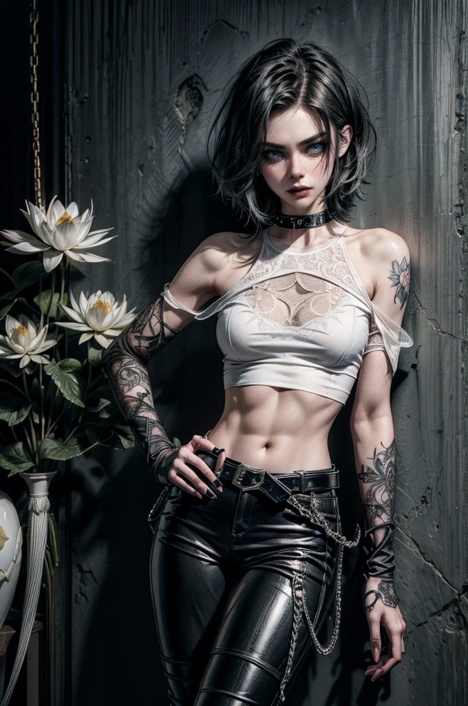 (Detailed illustrations, Very detailed and detailed drawing, Delicate lines with slow and rapid, Realistic texture expression), One woman with very short white hair with black tips, ( emo hairstyle, ), goth, pale white skin, evil smirk, (girls bedroom background), dark lighting, cold atmosphere, lore_Emma , blue eyes , dark eyeliner, (ultra dark glossy black lipstick), bored expression, gorgeous face , super cute, 18 years old , hyper detailed face, (super skinny figure , small breast, thin waist), back leaning against wall, one raised arm behind head, slim legs, slim hips, LowriseXL, (ultra low rise wet look shiny leather pants with transparent flower pattern), (mesh shirt with flower pattern under bare shoulder white t-shirt), black choker, vulva tattoo, (white lotus flower in hair), ((flower pattern tattoo)), fingerless leather gloves, (black nail polish), faded tattoo's, ((thigh belt)), ((hip chains)), ((belt hanging on hip)), ((many studded belts))