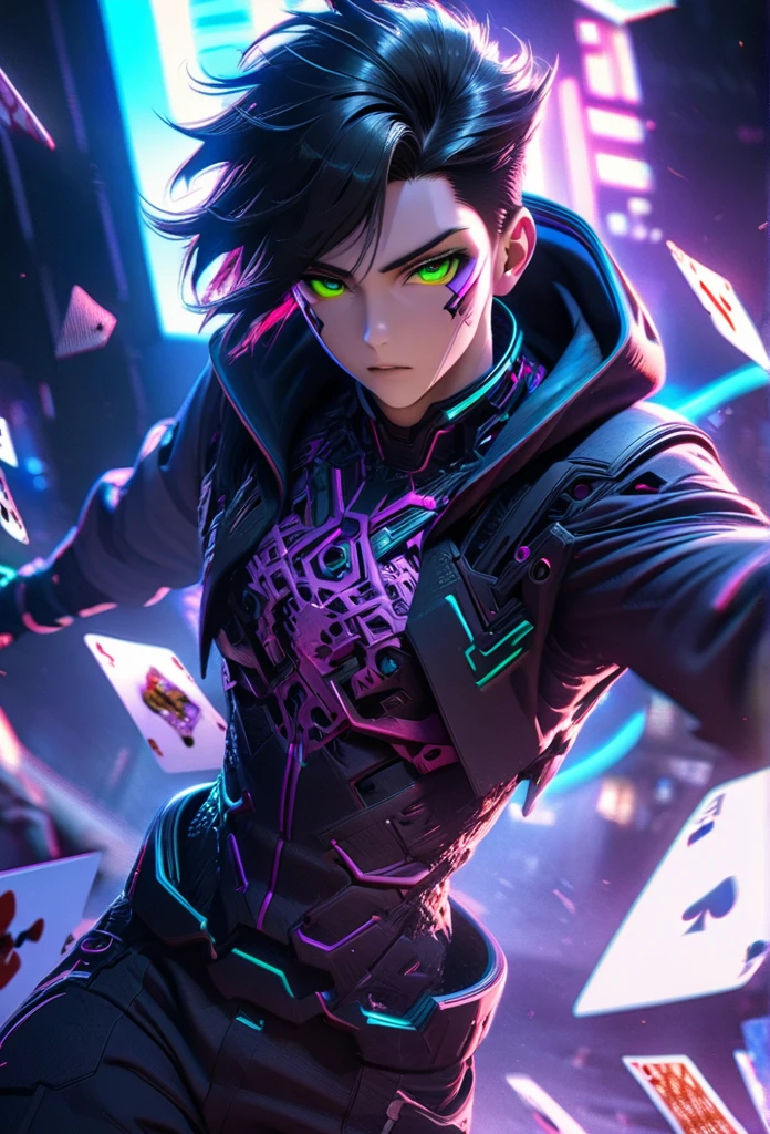 anime style, 1 man with short black hair and green eyes, wearing a black and purple hooded futuristic cyberpunk outfit, playing cards, intricate details, octane render, 8k, HDR, cinematic lighting, chiaroscuro, dramatic colors