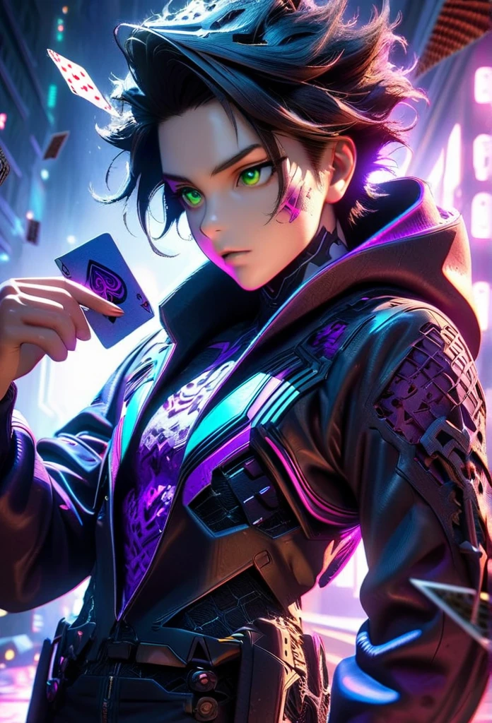 anime style, 1 man with short black hair and green eyes, wearing a black and purple hooded futuristic cyberpunk outfit, playing cards, intricate details, octane render, 8k, HDR, cinematic lighting, chiaroscuro, dramatic colors