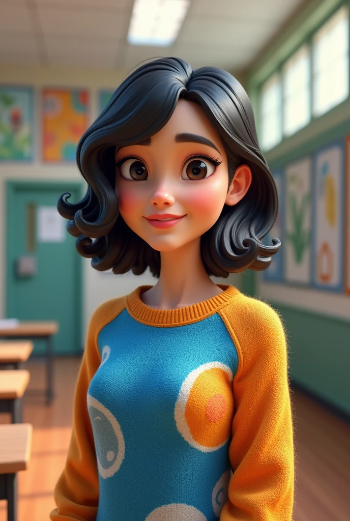 create a 3D image/cartoon portrait, of a 29 year old woman, wavy bob hair, dark eyes, blue and orange sweater, at school