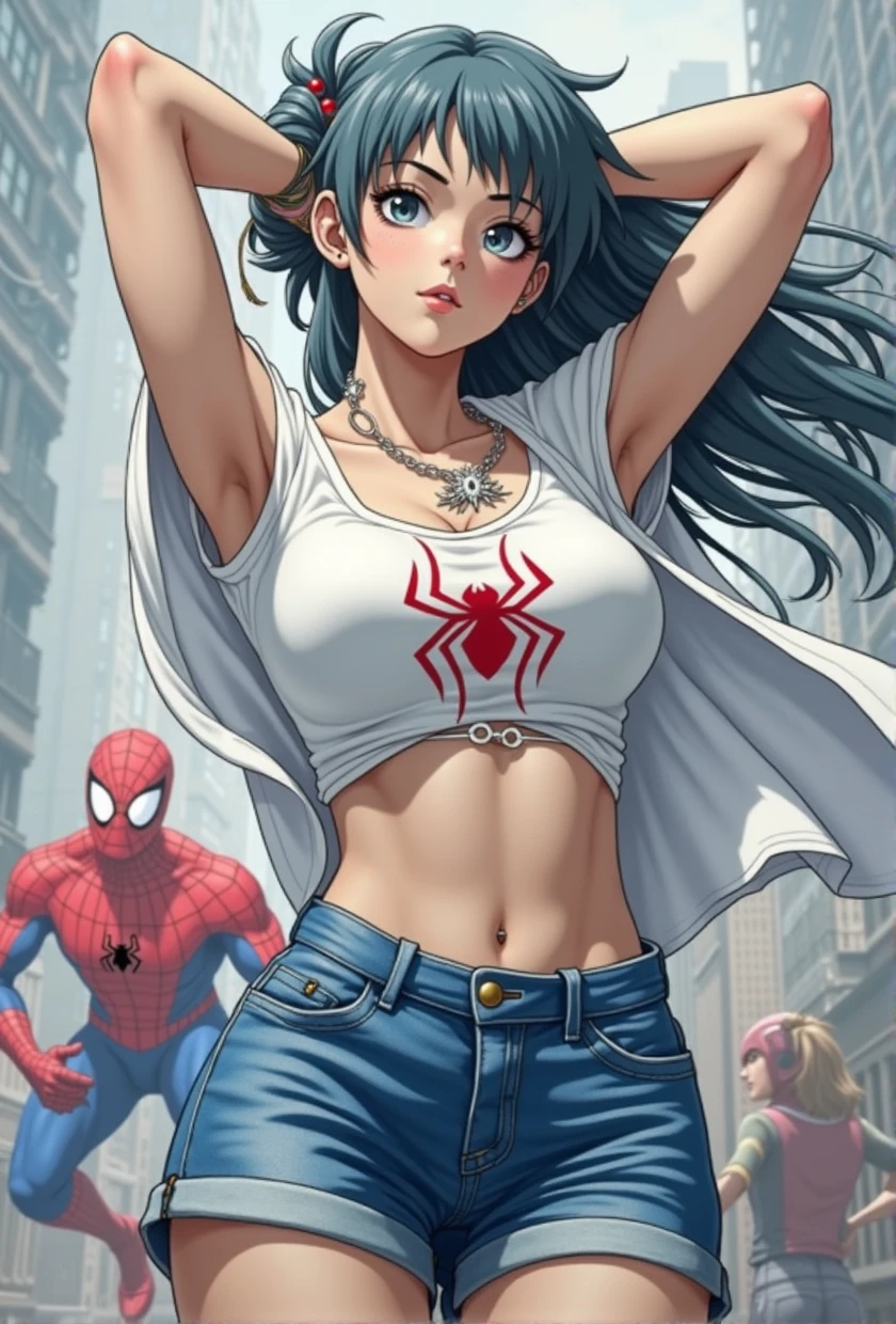 spiderman,anime girl,superhero,action scene,webbing,manga style,comic book art,dynamic pose,dramatic lighting,vibrant colors,detailed textures,cinematic composition,hyper realistic,4k,best quality,photorealistic,masterpiece,digital art