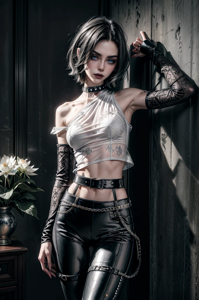 (Detailed illustrations, Very detailed and detailed drawing, Delicate lines with slow and rapid, Realistic texture expression), One woman with very short white hair with black tips, ( emo hairstyle, ), goth, pale white skin, evil smirk, (girls bedroom background), dark lighting, cold atmosphere, lore_Emma , blue eyes , dark eyeliner, (ultra dark glossy black lipstick), bored expression, gorgeous face , super cute, 18 years old , hyper detailed face, (super skinny figure , small breast, thin waist), back leaning against wall, one raised arm behind head, slim legs, slim hips, LowriseXL, (ultra low rise wet look shiny leather pants with transparent flower pattern), (mesh shirt with flower pattern under bare shoulder white t-shirt), black choker, vulva tattoo, (white lotus flower in hair), ((flower pattern tattoo)), fingerless leather gloves, (black nail polish), faded tattoo's, ((thigh belt)), ((hip chains)), ((belt hanging on hip)), ((many studded belts))