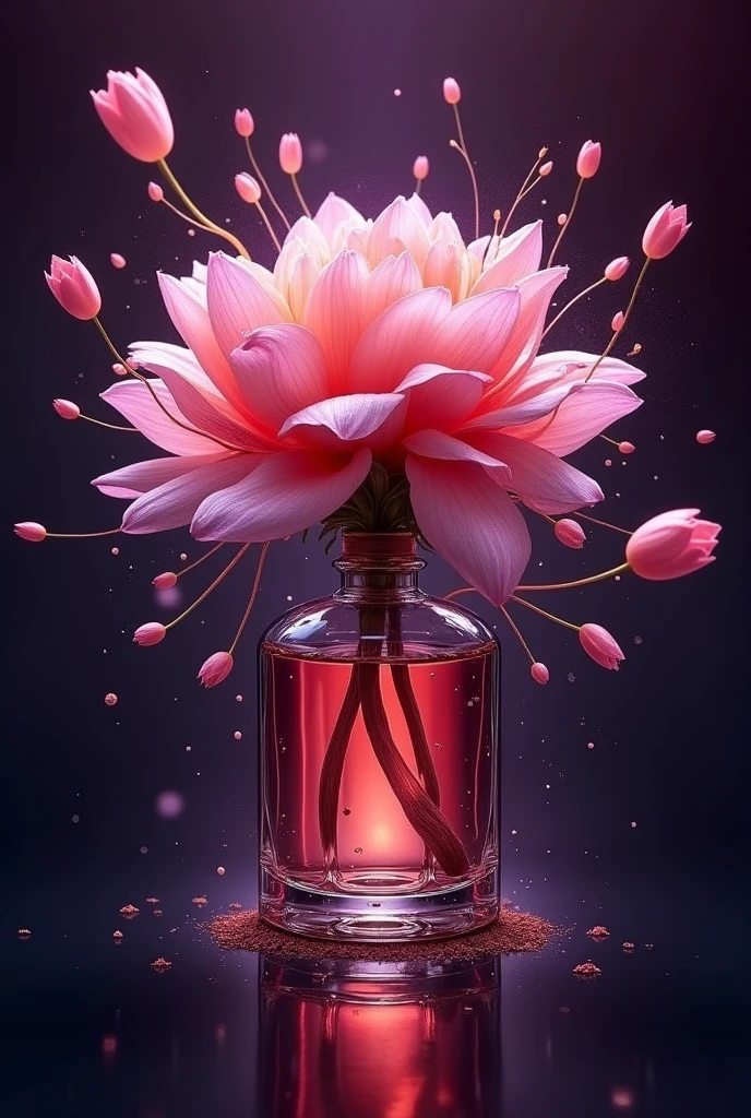 PERFUME WITH EXPLOSION OF FLOWERS AND DARK PURPLE BACKGROUND