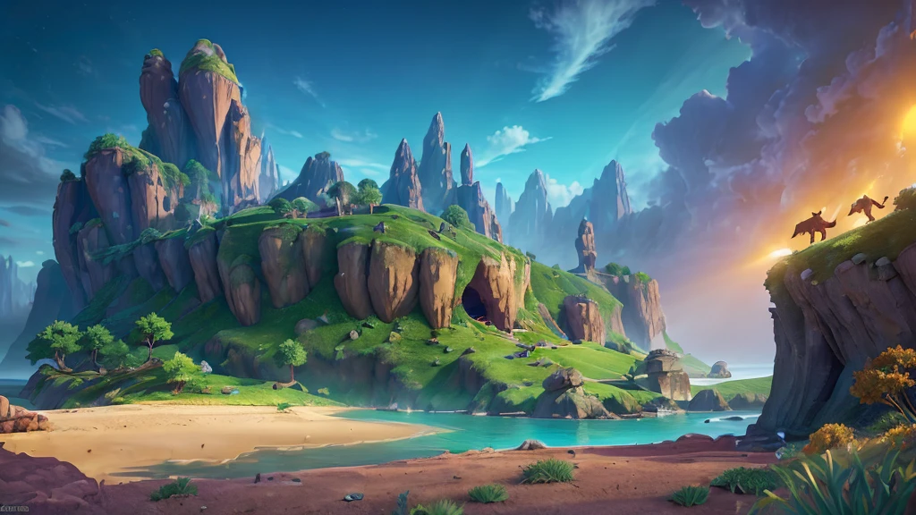 a beautiful fantasy landscape, 1 girl, 2 dragons, 2 disney characters, 3d rendering, gradient blue background, cinematic lighting, dramatic sky, floating islands, epic proportions, clean typography, glowing text "AniTales Tv", fantasy elements, whimsical, cohesive color palette, balanced composition, (best quality,8k,highres,masterpiece:1.2),ultra-detailed,(photorealistic:1.37),3d,octane render,detailed environment,intricate details,concept art style,vibrant colors,dramatic shadows,volumetric lighting,depth of field