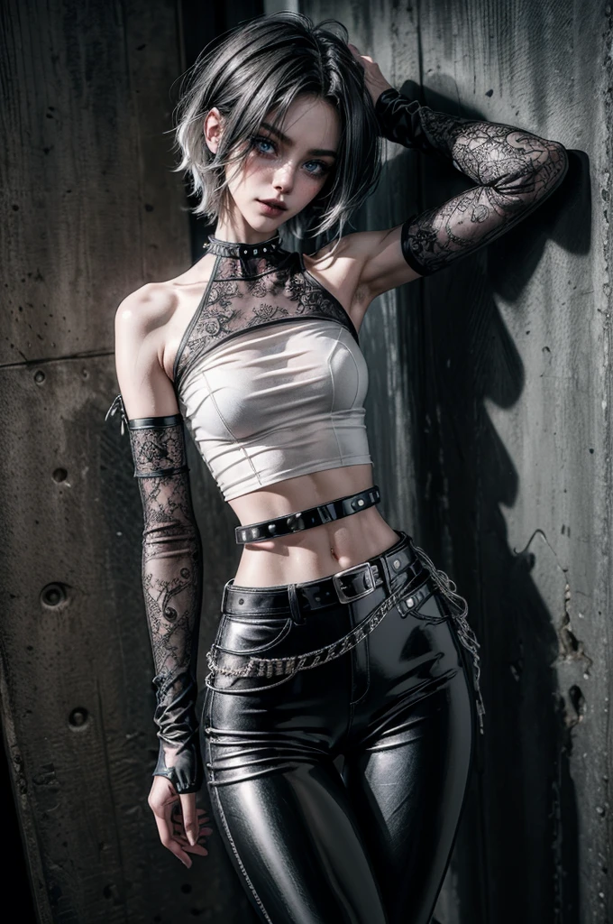 (Detailed illustrations, Very detailed and detailed drawing, Delicate lines with slow and rapid, Realistic texture expression), One woman with very short white hair with black tips, ( emo hairstyle, ), goth, pale white skin, evil smirk, (girls bedroom background), dark lighting, cold atmosphere, lore_Emma , blue eyes , dark eyeliner, (ultra dark glossy black lipstick), bored expression, gorgeous face , super cute, 18 years old , hyper detailed face, (super skinny figure , small breast, thin waist), back leaning against wall, one raised arm behind head, slim legs, slim hips, LowriseXL, (ultra low rise wet look shiny leather pants with transparent flower pattern), (mesh shirt with flower pattern under bare shoulder white t-shirt), black choker, vulva tattoo, (white lotus flower in hair), ((flower pattern tattoo)), fingerless leather gloves, (black nail polish), faded tattoo's, ((thigh belt)), ((hip chains)), ((belt hanging on hip)), ((many studded belts))