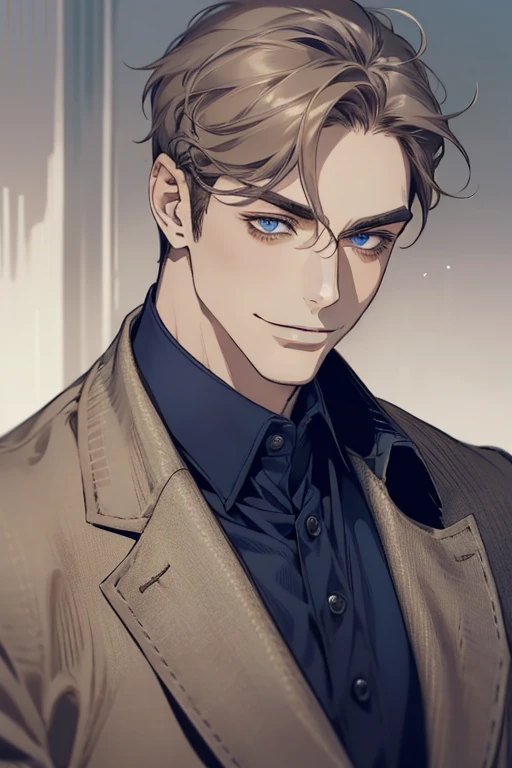 masterpiece, best quality, realistic, 1man, mature male, quiet and charming mature man, 34 years old, smirk and look on the side, closed mouth, portrait, extremely detailed face, smirk, (dark blue eyes), (short-side-swept sandy grey brown hair)), [thick eyebrows], (detective clothing)
