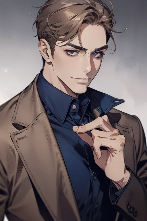 masterpiece, best quality, realistic, 1man, mature male, quiet and charming mature man, 34 years old, smirk and look on the side, closed mouth, portrait, extremely detailed face, smirk, (dark blue eyes), (short-side-swept sandy grey brown hair)), [thick eyebrows], (detective clothing)