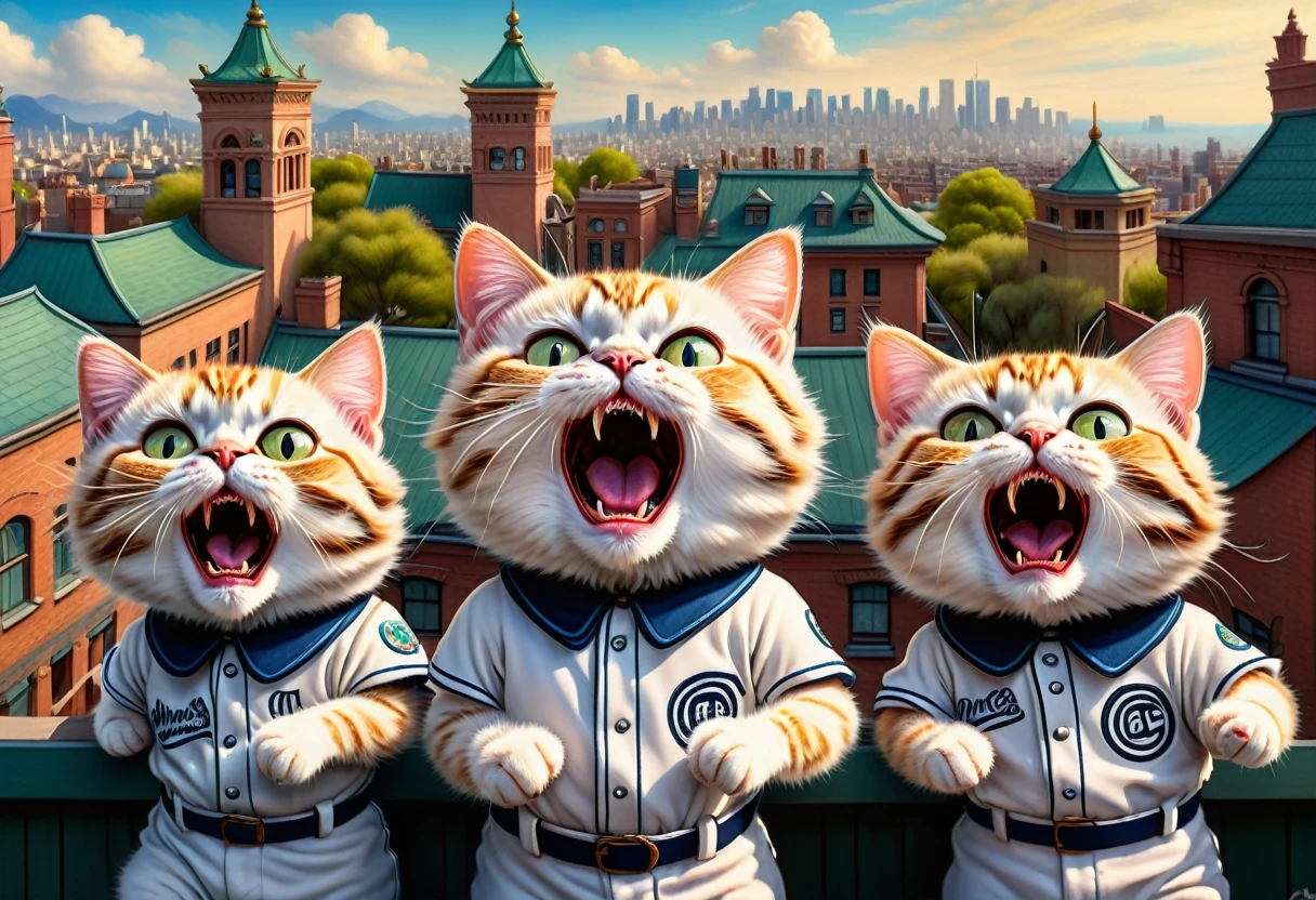 Louis William Wain and Mark Ryden-inspired digital art. Cats in baseball uniforms screaming like opera singers on the roof. They open their mouths and shout . Asahi Spring. 32K. hyper-detailed., Sharp focus, Studio Photo, Ultra HD, Realistic, Vibrant colors, Very detailed, Pen and ink, Perfect composition, Beautiful and sophisticated、Highly detailed Octane renderings are trending on Art Station, 8K Art Photography, photoRealistic concept art, Perfect cinematic light with soft, natural volume.