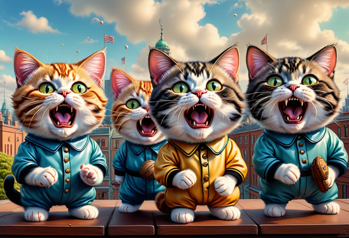 Louis William Wain and Mark Ryden-inspired digital art. Cats in baseball uniforms screaming like opera singers on the roof. They open their mouths and shout . Asahi Spring. 32K. hyper-detailed., Sharp focus, Studio Photo, Ultra HD, Realistic, Vibrant colors, Very detailed, Pen and ink, Perfect composition, Beautiful and sophisticated、Highly detailed Octane renderings are trending on Art Station, 8K Art Photography, photoRealistic concept art, Perfect cinematic light with soft, natural volume.