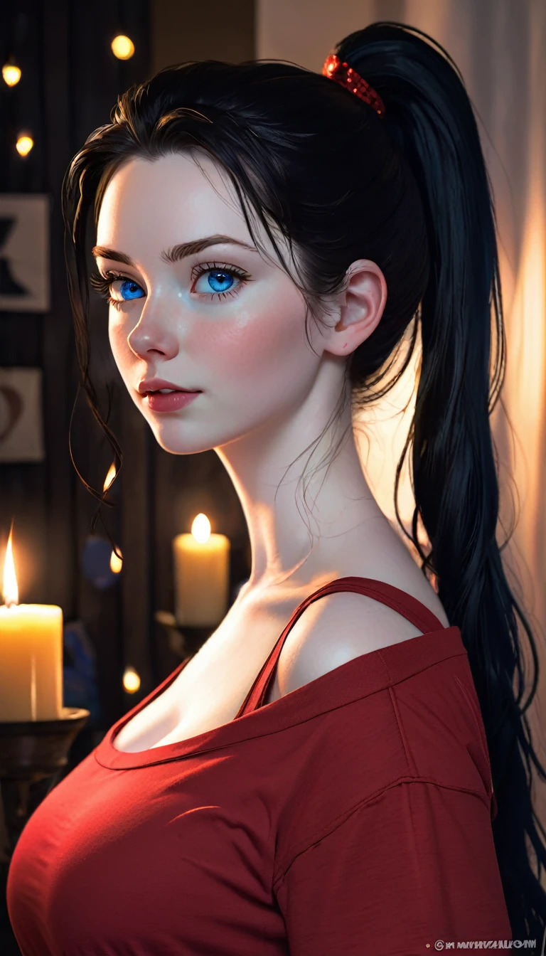 skini girl, red t-shirt , (((((pale skin)))))), blue eyes,
 white girl, deep black hair,  ultra realistic, 16 years old,
 large breast, (((huge breast))), ponytail hair, candle lights, 