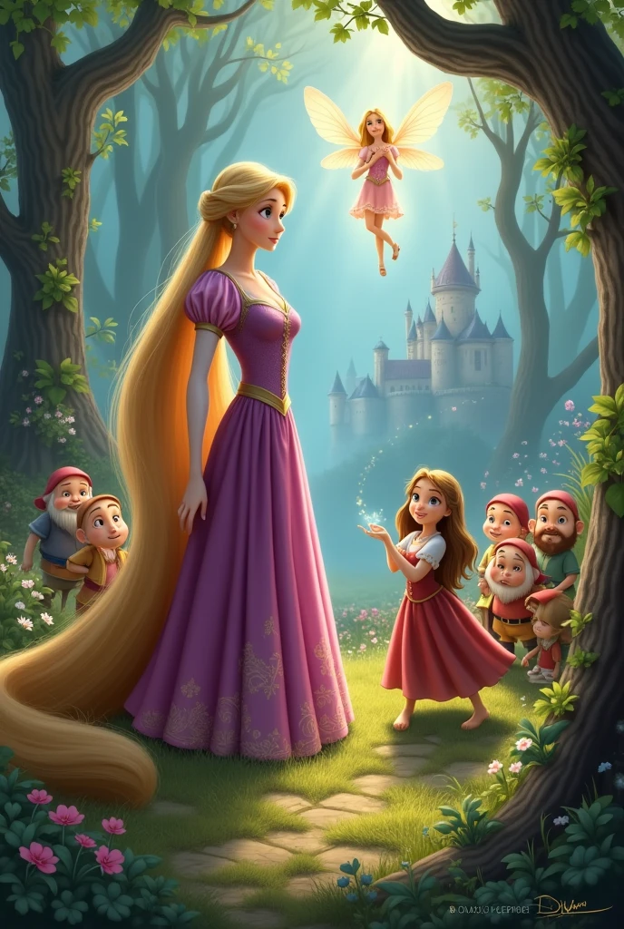 Create a Rapunzel image, snow white , the seven dwarfs and a fairy 