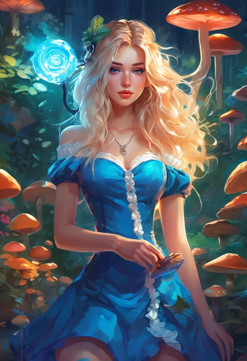 a beautiful 20 year old blonde Kate Bloomwith big messy hair in a blue dress, white stockings, black headband, cleavage, holding a glowing mushroom, fantasy art style, rossdraws cartoon vibrant, alice x. zhang, alice in wonderland cyberpunk, cute detailed digital art, colorfull digital fantasy art, digital fantasy art ), glossy digital painting, rossdraws pastel vibrant, rossdraws 2. 5, rossdraws 1. 0