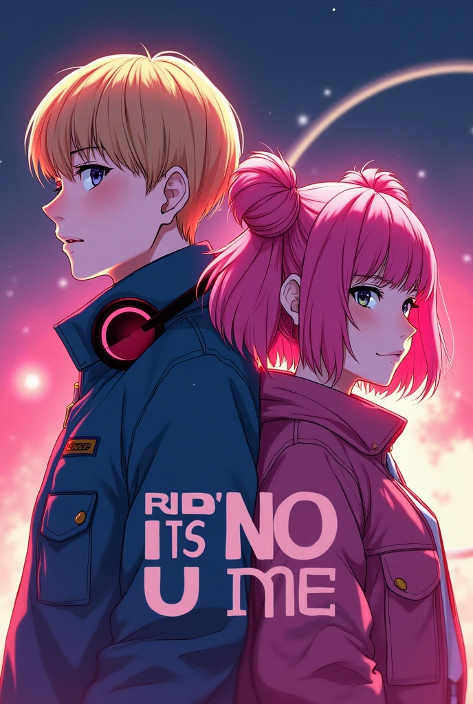 A layer of "IT'S NOT U IT'S ME" presents DJ Tyde West white male, hair blonde, bangs with shaved sides and friendly face, jacket and headphones, and Japanese singer Sakura Rina with pink hair in space buns. The vibrant and dynamic background reflects the song&#39;s message of empowerment and self-discovery.. Back to back. realisitic 