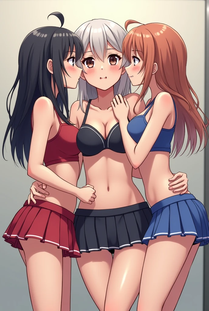 detailed picture of 4 extremely cute color guard girls kissing in short skirts showing panties