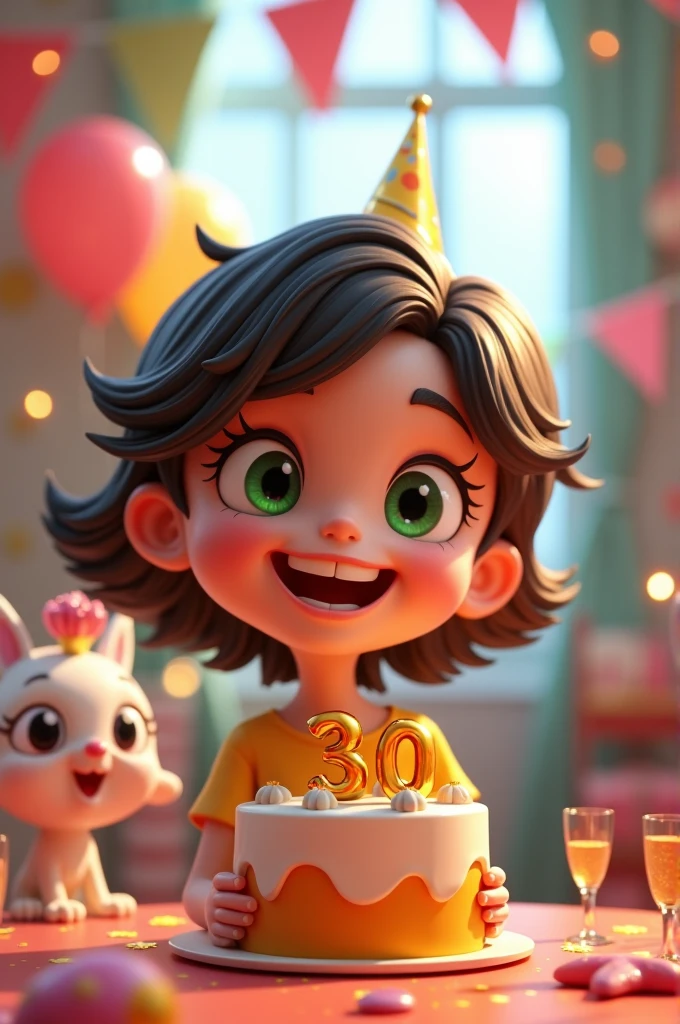 Create a 3D Disney character drawing with green eyes and short hair, celebrating their 30th birthday