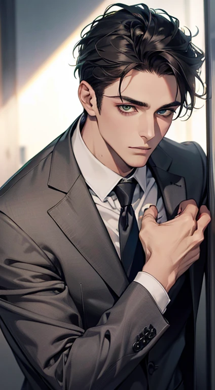 (Highest quality,4K,8K,High resolution,masterpiece:1.2),Super detailed,(Realistic,photoRealistic,photo-Realistic:1.37),1 person,35 years old,Mature Men,Beautiful skin、very handsome,Expressionless,Short gray Black hair,green eyes,Sharp Eyes,A perfect face without a doubt,Businessman, CEO, Office Background,Cinema Lighting,HDR image,tie、