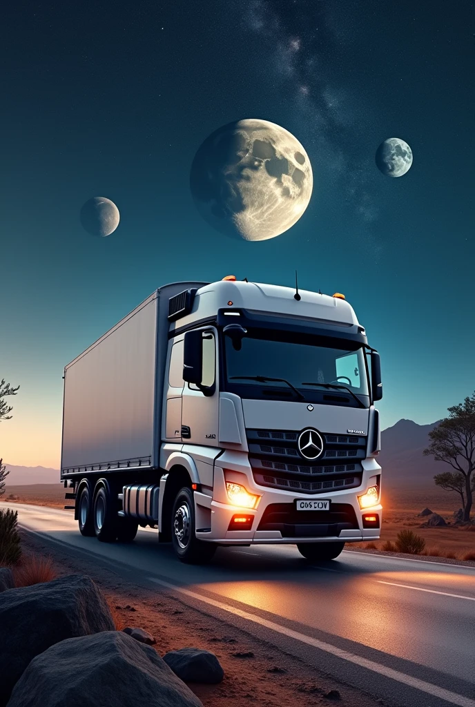 A road to the moon, with a mercedes axor truck, half truck half rocket, around planets and stars
