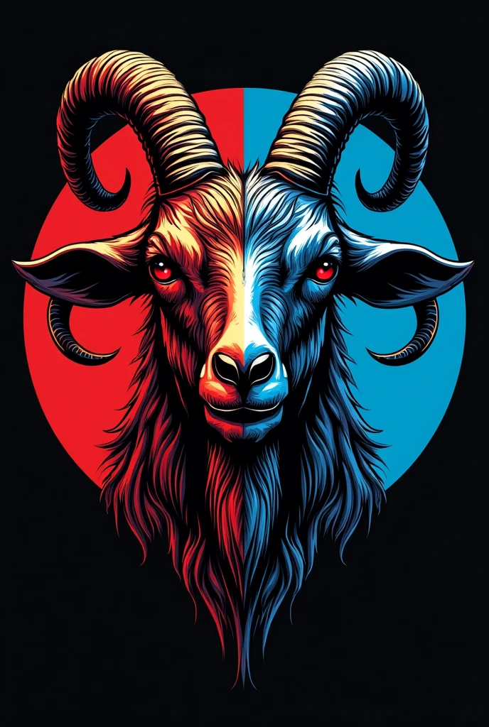A scary goat, with blue outlines on the right side and red on the left, with long horns, and black outlines in general, and big black eyes, in the form of a music band logo.