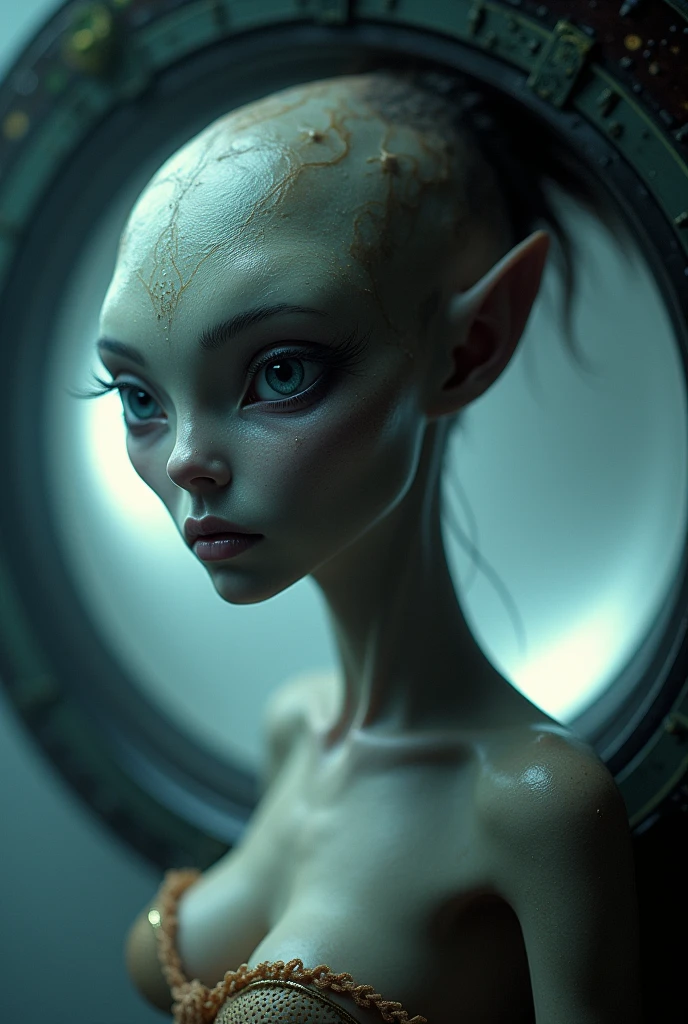 Portrait of a confused sexy female grey alien inside a ufo with very huge tits. Close up