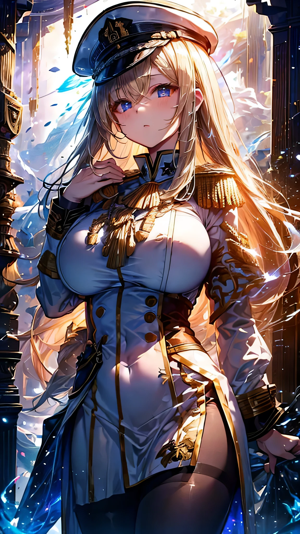 ((SHINE)),((((Spirits)))、Blonde、Military hat、Big Breasts、Russia、girl、((White military uniform draped over shoulders))、sheer black pantyhose、