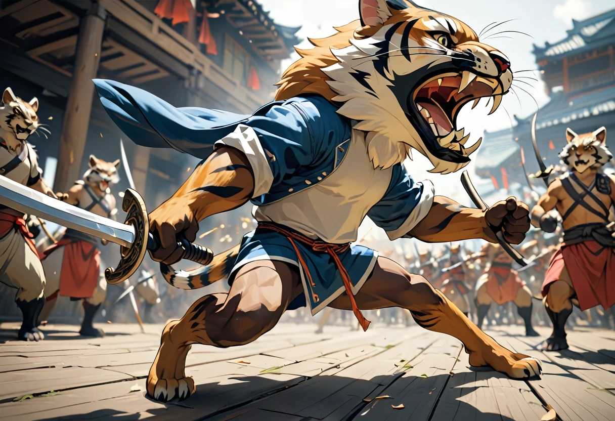 top quality, high-quality illustrations((masterpiece))depth of field, motion blur, absurdres, Perfect Anatomy, magnificent picture of kemono fighting fierce battles, kemono, 1boy, solo focus, Anthro((dramatic))epic, weapon, dynamic pose, One scene of movie,