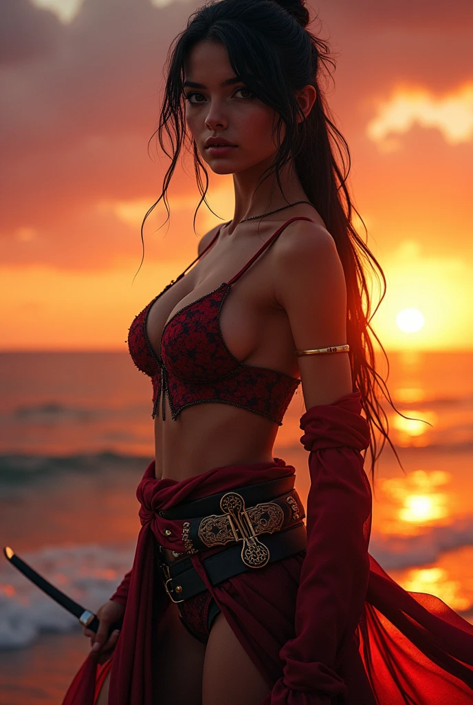 young woman, Cara sexy, sexy samurai costume, realist, sunset.