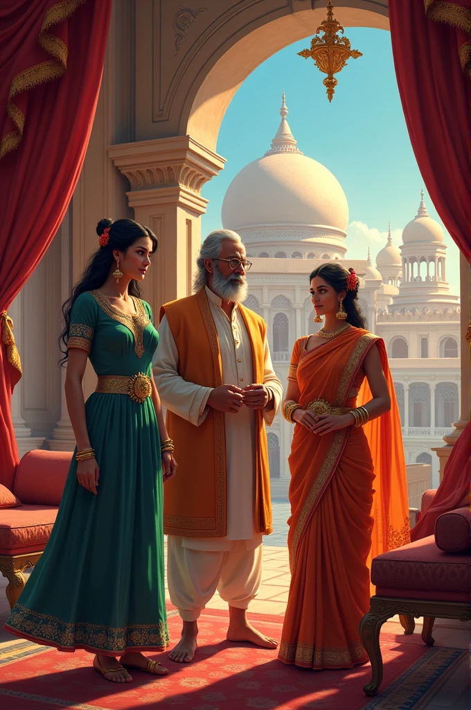 A vibrant city, Kanchanpur, where a wealthy merchant, Sagar Datt, and his son, Shridatt, live in a grand mansion. The son is seen preparing to leave on a long journey for trade, while his beautiful wife, Jayashree, watches with concern. The scene is filled with rich colors and luxurious surroundings."
