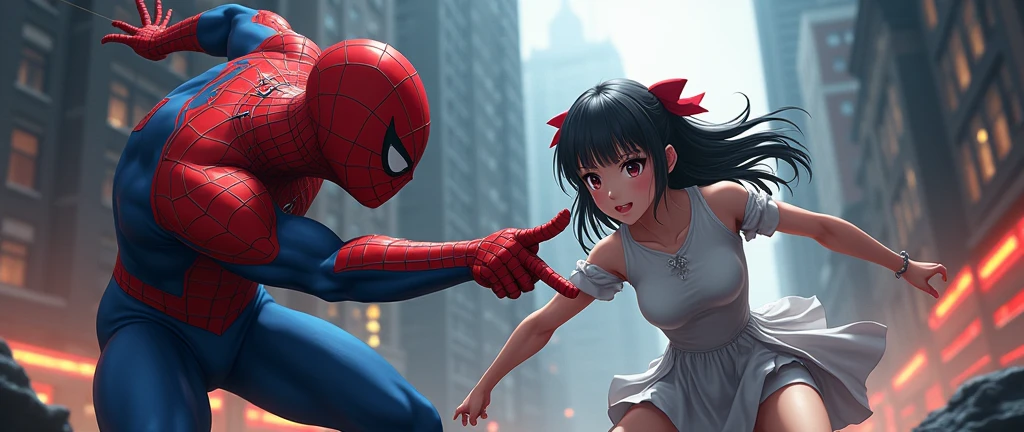 spiderman,anime girl,superhero,action scene,webbing,manga style,comic book art,dynamic pose,dramatic lighting,vibrant colors,detailed textures,cinematic composition,hyper realistic,4k,best quality,photorealistic,masterpiece,digital art
