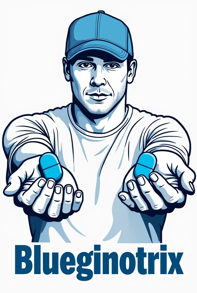 man in cap, gino participant of the program 90 days to fiance holding a blue pill in each hand in the matrix style choose your pill. just outlines, just simple round lines no colors no fills, only extremely necessary lines, artwork for t-shirt. word written underneath saying "Blueginotrix" in blue