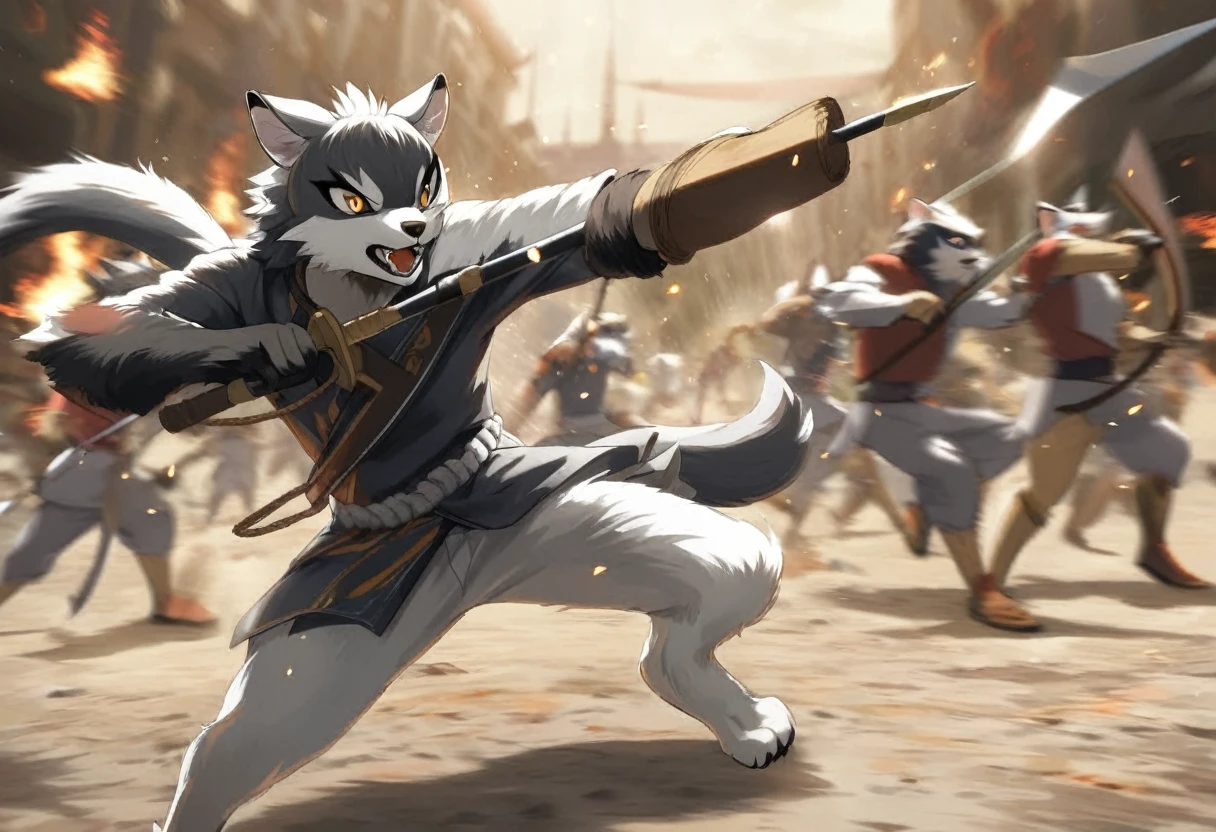 top quality, high-quality illustrations((masterpiece))depth of field, motion blur, absurdres, Perfect Anatomy, magnificent picture of kemono fighting fierce battles, kemono, 1boy, solo focus, Anthro((dramatic))epic, weapon, dynamic pose, One scene of movie,