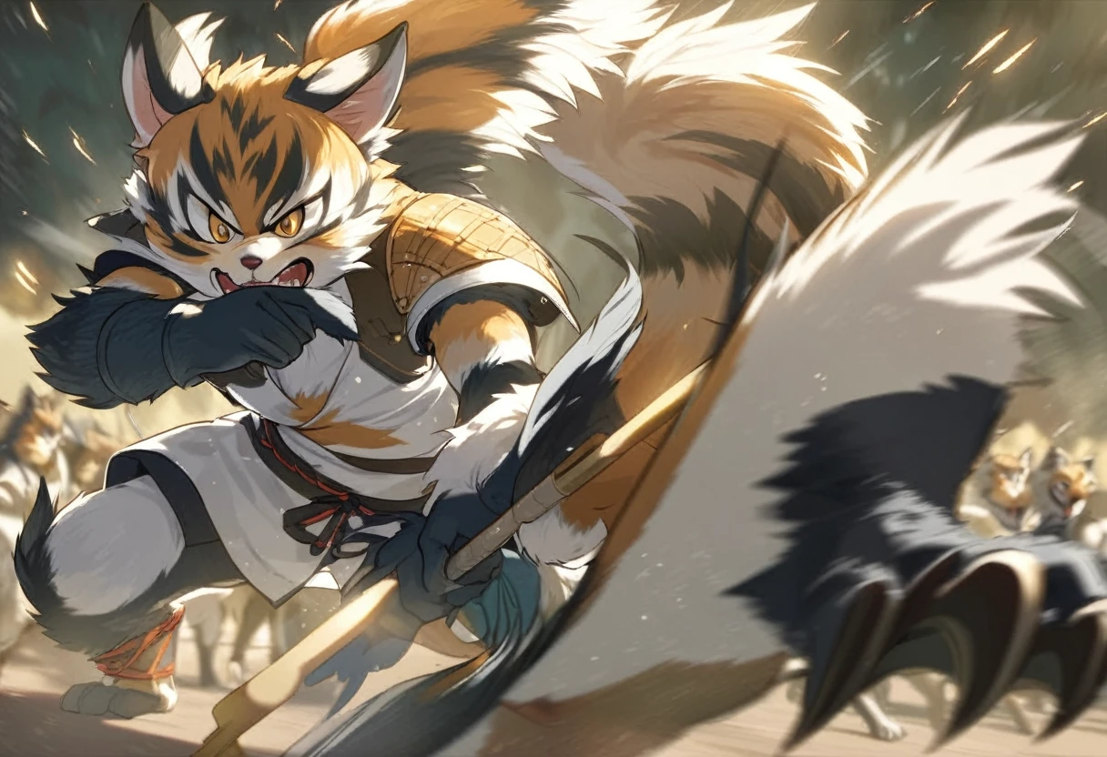 top quality, high-quality illustrations((masterpiece))depth of field, motion blur, absurdres, Perfect Anatomy, magnificent picture of kemono fighting fierce battles, kemono, 1boy, solo focus, Anthro((dramatic))epic, weapon, dynamic pose, One scene of movie,