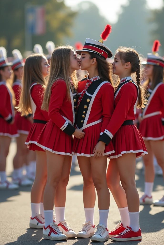 detailed picture of 4 extremely cute marching band color guard girls kissing in short skirts showing panties