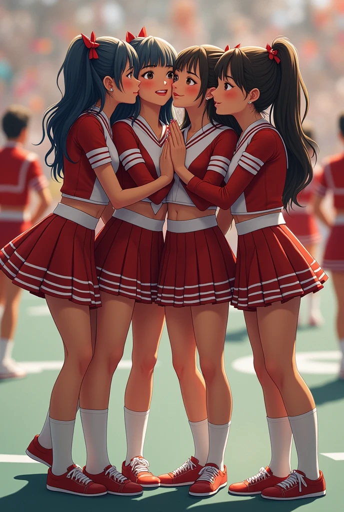 detailed picture of 4 extremely cute marching band color guard girls kissing in short skirts showing panties