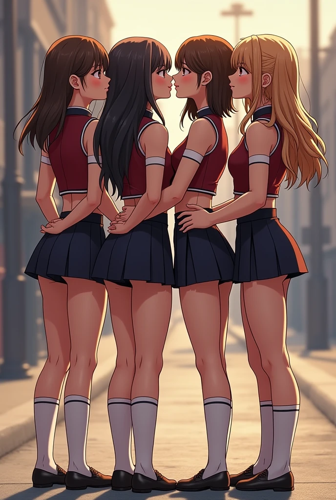 detailed picture of 4 extremely cute marching band color guard girls kissing in short skirts showing