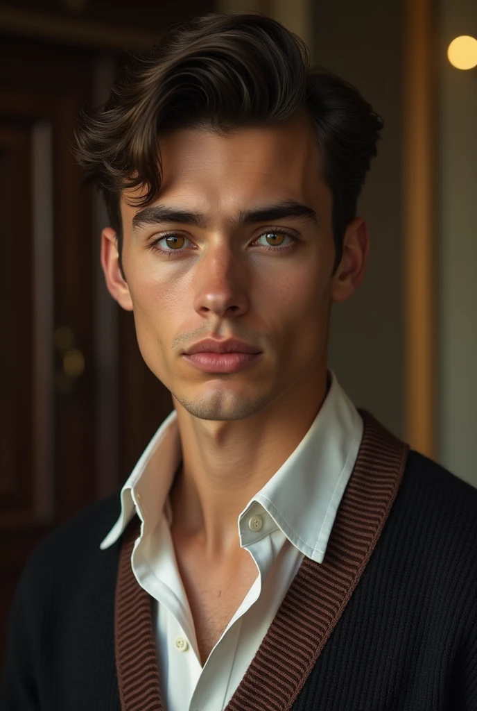 Quite Young man, high class, cardigan, beautiful, charisma, intellect 