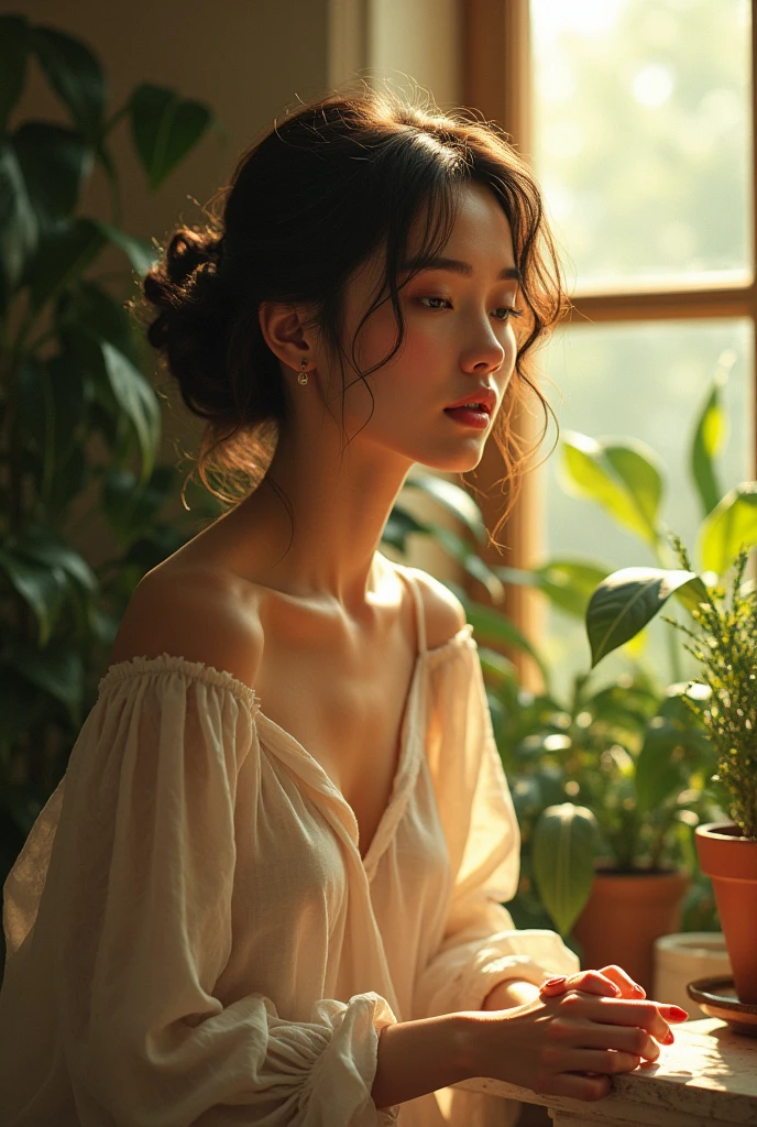 (photorealism:1.2), beautiful woman,soft lighting, plants in background, window with sunlight, cozy room, relaxed pose, realistic, intricate details, warm colors, by Greg Rutkowski, by Alphonse Mucha