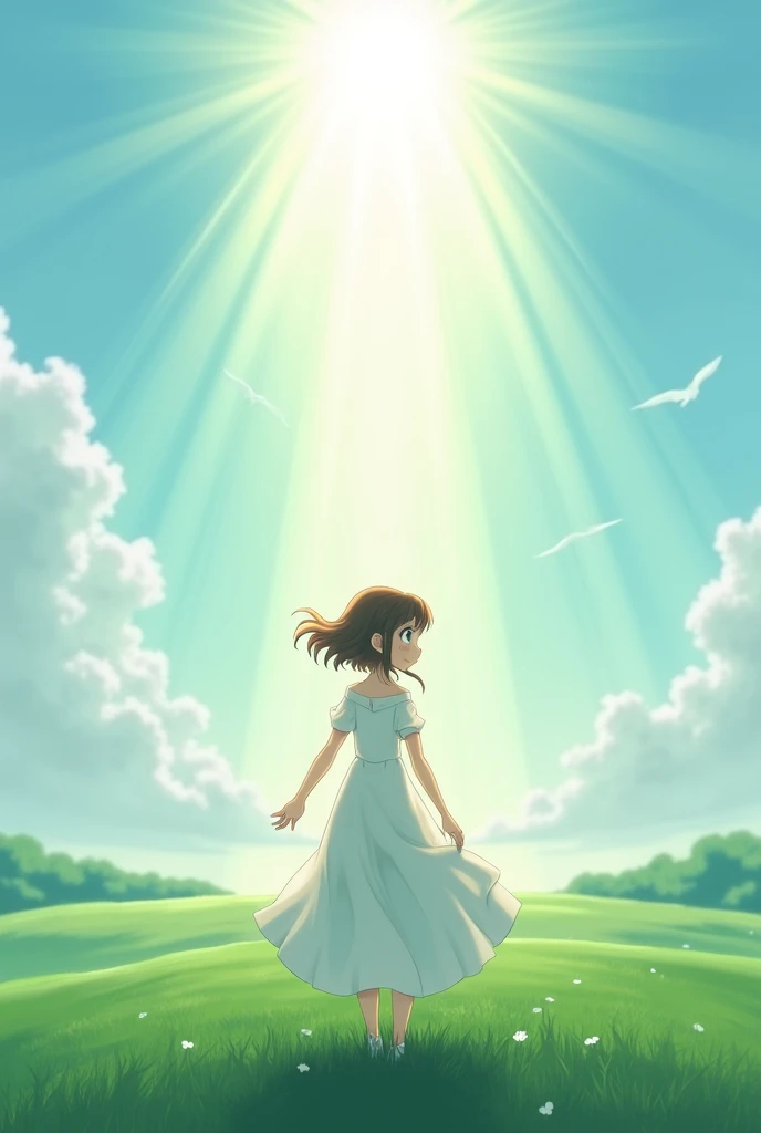 A little long brown hair anime girl wearing a white gown standing backside.She is smiling and spreading her hands looking at the sun. She is in a big field.she is near the camera. The sun is parallel with her.