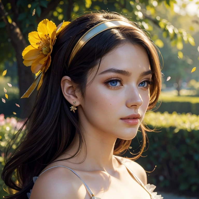 (​masterpiece, best quality:1.5), highest quality, High resolution, super detailed, Realists, Upper body photo of a young woman from the planet Tamaran, detailed and beautiful completely green eyes, beautiful detailed lips, very detailed eyes and face, longeyelashes, 22-year-old Tamaranin in a purple short dress made of shiny satin fabric, Beautiful and colorful makeup, elegant and noble々Pose,shiny satin headband, grind, Holding flowers, Gardens as background, soft daylight, bright colors, fine brushstrokes, Portrait style, Noble details in the dress fabric, beautiful color palette, glowing skin, First-class rendering, that captures every detail, enchanting atmosphere, subtle shadows and lights, (perfect anatomy:1.2), (The stunning Tamaranin fires Starbolts. looks surprised (magnificent panorama view:1.2)