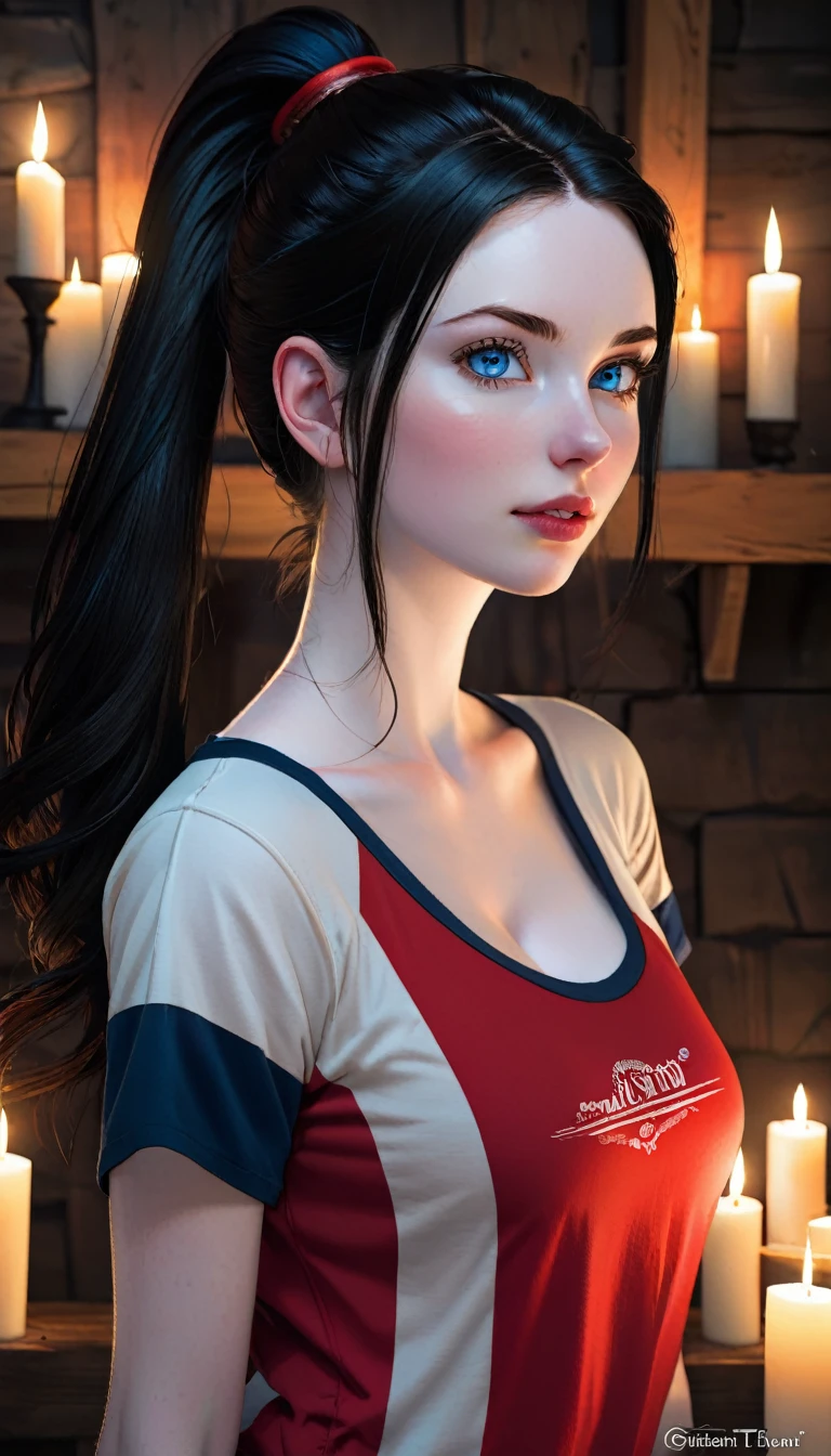 skini girl, red t-shirt , (((((pale skin)))))), blue eyes, white girl, deep black hair, ultra realistic, 16 years old, large breast, (((huge breast))), ponytail hair, candle lights,