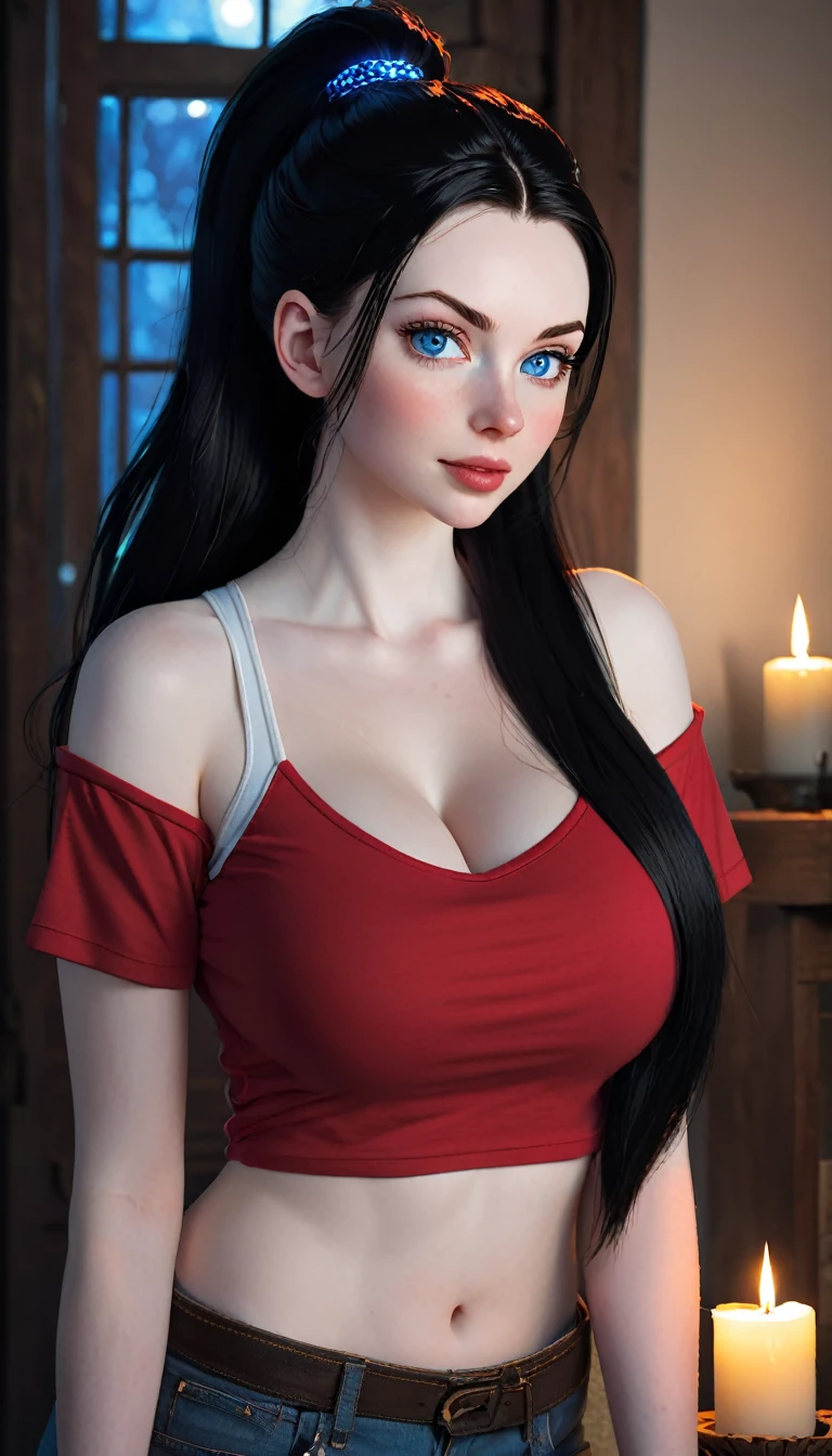 skini girl, red t-shirt , (((((pale skin)))))), blue eyes, white girl, deep black hair, ultra realistic, , large breast, (((huge breast))), ponytail hair, candle lights,