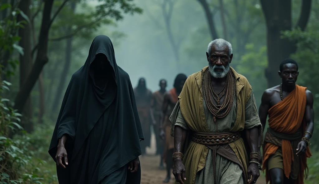 (African folktale) a stranger draped in a cloak of shadow. His face is hidden walking side by side with
An old wise looking King Zolani, dressed in regal but worn-out attire, 
 With warriors dressed with Zulu outfit falling down .
As the trees grew darker, and the path more treacherous.
