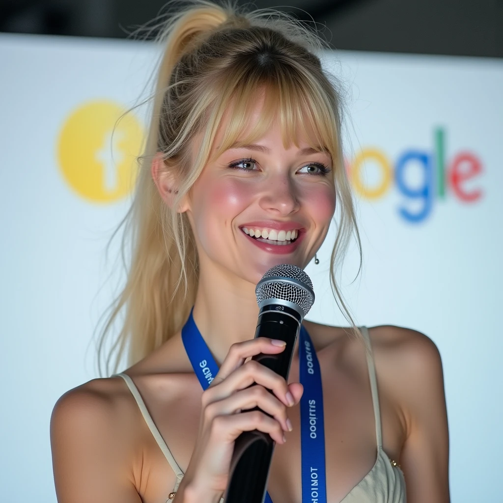 (RAW shooting: 1.2), (Realistic: 1.4), (masterpiece: 1.3), (Highest quality: 1.4), Bright expression, Very beautiful girl, Extraordinary beautiful girl, Cute and beautiful face down to the last detail, Beautiful Bangs, Glowing White Skin, Facial hair, Bang to the face, Bangs between the eyes, Super long hair, Glamorous light and dark platinum blonde super long straight silky hair, Beautiful bright transparent light blue big eyes that are charming and shining, Gorgeous dress, double eyelid, Ample breasts,, with long hair in a messy ponytail wearing a Gorgeous dress with a blue lanyard around her neck holding a microphone at a "Tedox" stage. She is laughing as she speaks to the audience.. There is a white wall behind her、There's a yellow Google logo on it.. She has a nice figure. Her eyes seem to hold something interesting and clever ideas.. She shares her knowledge of AI technology with people from all walks of life.々How to share with、The overall atmosphere exudes confidence and determination.。, in the style of a Tedox talk