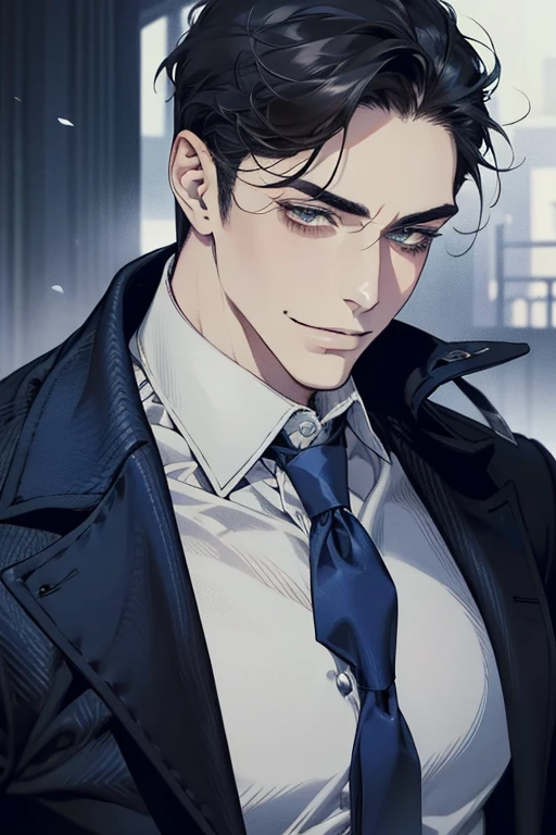 masterpiece, best quality, realistic, 1man, mature male, quiet and charming mature man, 34 years old, smirk and look on the side, closed mouth, portrait, extremely detailed face, smirk, (dark blue eyes), (short-side-swept black hair)), [thick eyebrows], (detective clothing)