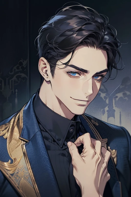 masterpiece, best quality, realistic, 1man, mature male, quiet and charming mature man, 34 years old, smirk and look on the side, closed mouth, portrait, extremely detailed face, smirk, (dark blue eyes), (short-side-swept black hair)), [thick eyebrows], (detective clothing)